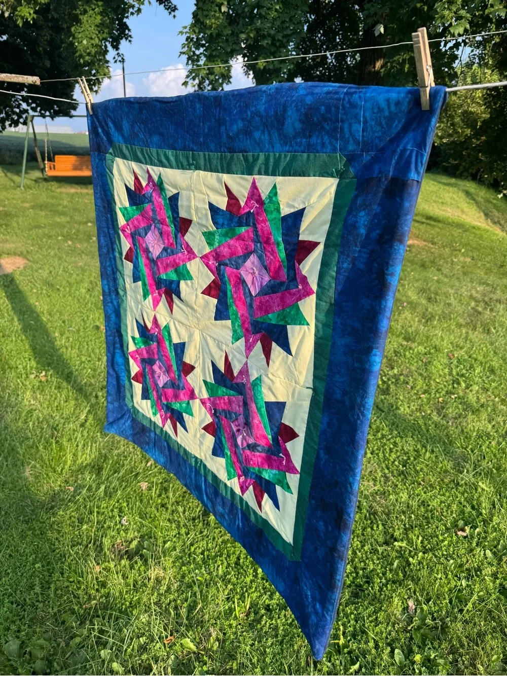 Handmade Tie Lap Quilt Pinwheel Starburst Colorful Blue Throw Grandmacore Rustic